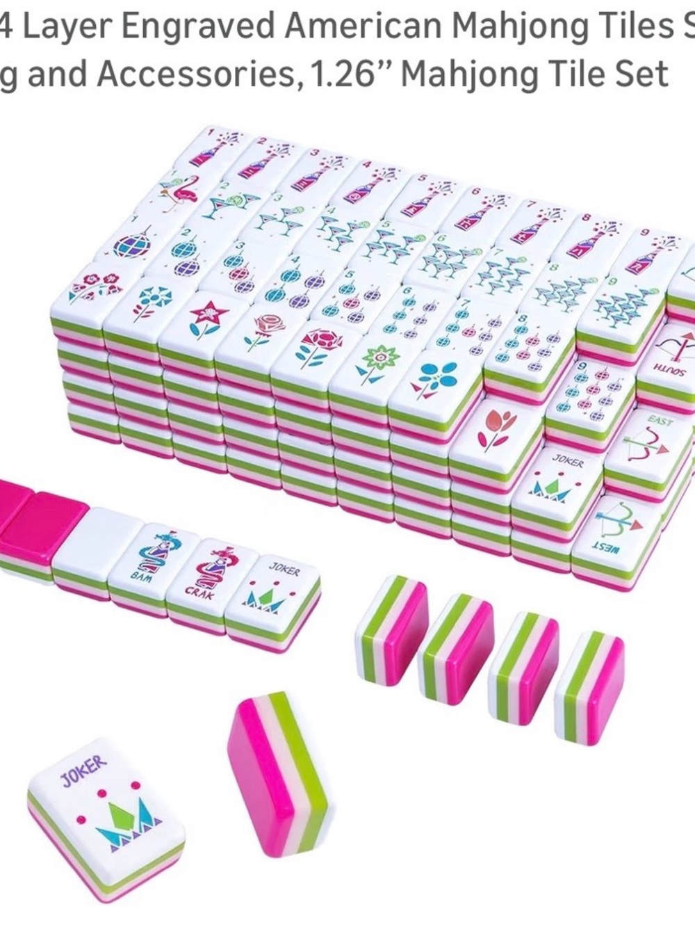Premium Home Mahjong Set in White with Pink & Green Accents - Picture 4 of 13